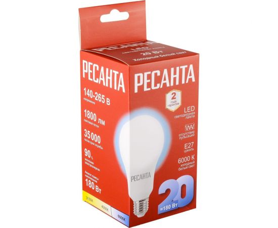 Светодиодная лампа Ресанта LL-R-A80-20W-230-6K-E27 груша, 20Вт, холодный, Е27 76/1/76 – изображение 3