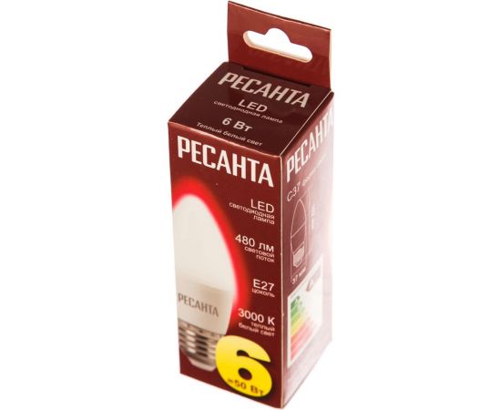 Светодиодная лампа Ресанта LL-R-C37-6W-230-3K-E27 (свеча, 6Вт, тепл., Е27) 76/1/9 – изображение 4