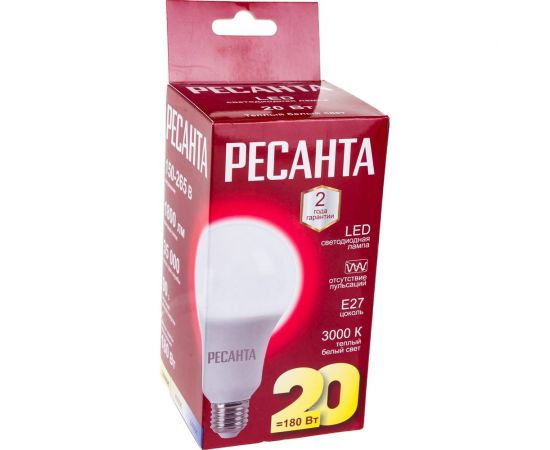 Светодиодная лампа Ресанта LL-R-A80-20W-230-3K-E27 (груша, 20Вт, тепл., Е27) 76/1/21 – изображение 4