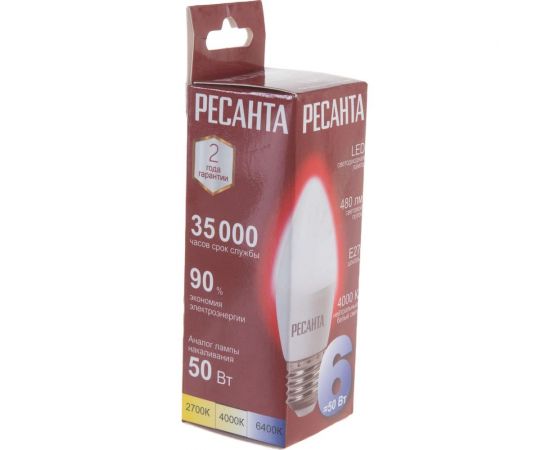 Светодиодная лампа Ресанта LL-R-C37-6W-230-4K-E27 (свеча, 6Вт, нейтр., Е27) 76/1/10 – изображение 6