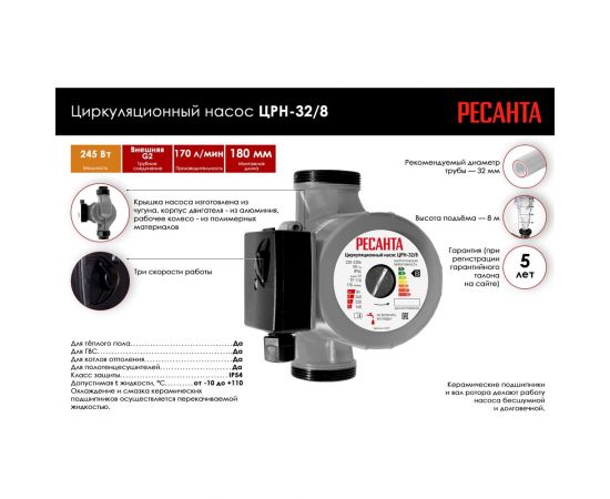 Циркуляционный насос Ресанта ЦРН-32/8 77/7/5 – изображение 2