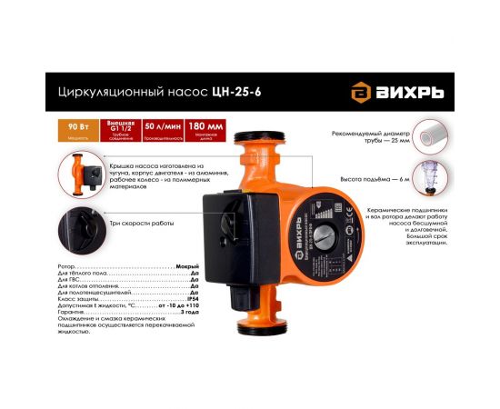 Циркуляционный насос Вихрь ЦН-25-6 68/7/2 – изображение 2
