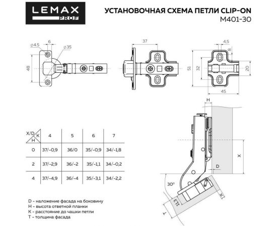 Петля Lemax PROF clip-on с доводчиком 105 градусов для угла 30 градусов никель 2 шт. 2pcs-M401-30(L) – изображение 2