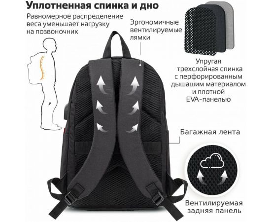 Универсальный рюкзак с отделением для ноутбука BRAUBERG URBAN, USB-порт, черный, 44x31x14см, 270805 – изображение 8