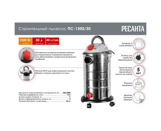 Строительный пылесос Ресанта ПС-1500/30 75/19/2 – изображение 2