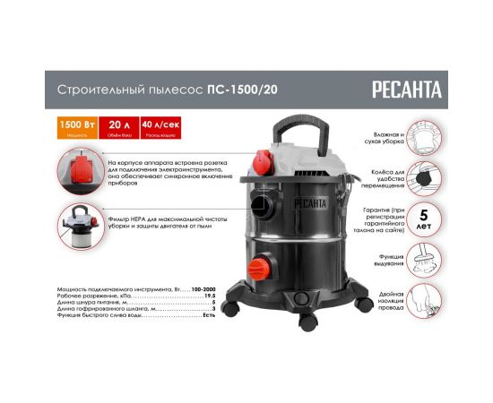 Строительный пылесос Ресанта ПС-1500/20 75/19/1 – изображение 2