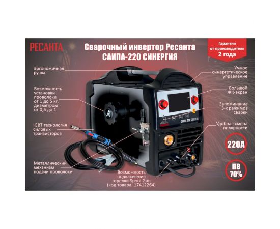 Сварочный полуавтомат Ресанта САИПА-220 СИНЕРГИЯ /MIG/MAG/ 65/75 – изображение 2