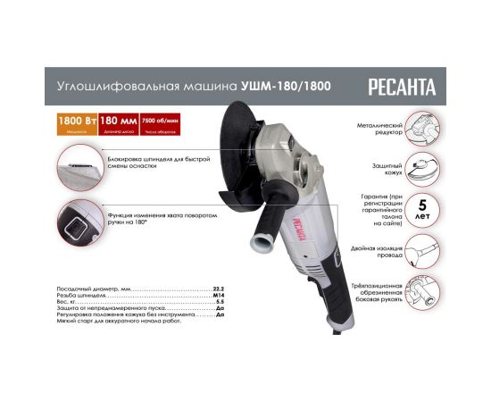 Углошлифовальная машина Ресанта УШМ-180/1800 75/12/8 – изображение 2