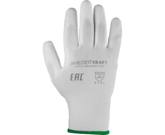 Белые лёгкие бесшовные защитные перчатки эргономичной формы из нейлона WIEDERKRAFT WDK-PU01W / M 