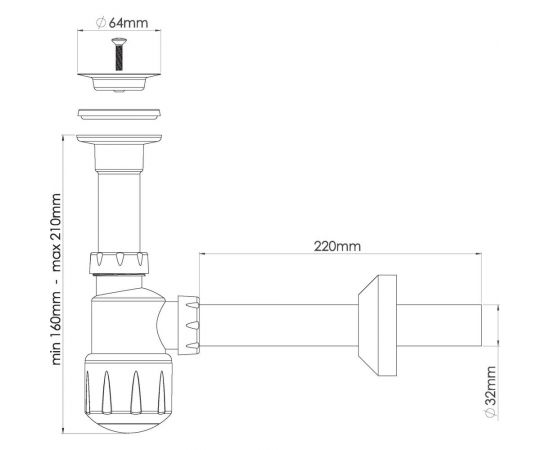 Сифон для умывальника, выпуск 64мм, длина винта 65 мм, выход прямая труба 32 мм Nova 1012 – изображение 2