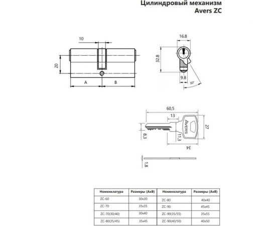 Цилиндровый механизм AVERS ZC-70(30/40)-CR 21635 – изображение 2