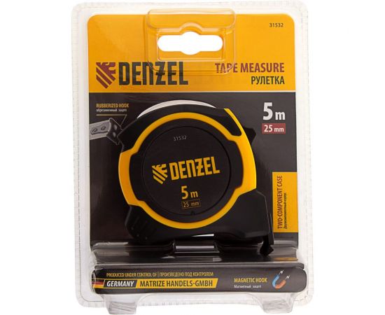Рулетка Denzel 5 м, 25 мм, двухкомпонентный корпус, магнитный обрезиненный зацеп 31532 – изображение 7