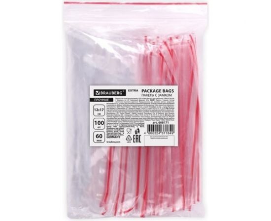 Пакеты BRAUBERG EXTRA ZIP LOCK зиплок, прочные, комплект 100 шт, 12x17 cм, ПВД, 60 мкм 608171 