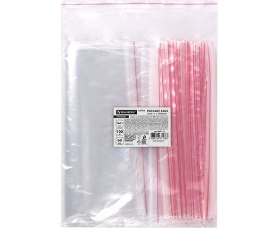 Пакеты BRAUBERG EXTRA ZIP LOCK зиплок, прочный, комплект 100 шт, 18x25 cм, ПВД, 60 мкм 608173 
