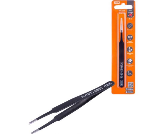 Прямой пинцет TDM 120 мм, плоское жало 3 мм, нерж., антистатич. покр., блистер, Рубин SQ1025-0808 