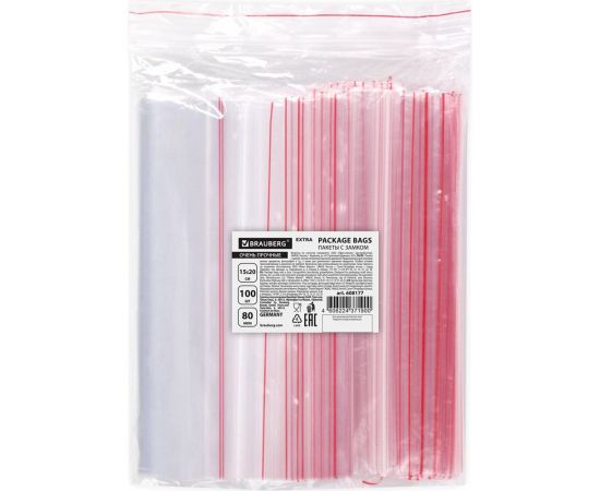 Прочные пакеты BRAUBERG EXTRA ZIP LOCK зиплок, комплект 100 шт, 15x20 cм, ПВД, 80 мкм 608177 – изображение 2