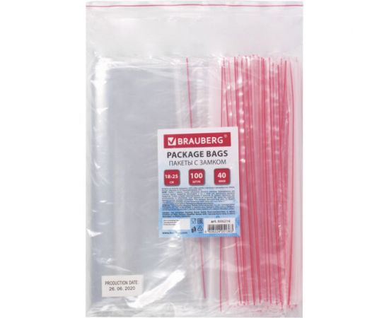 Пакеты с замком/зиплок-гриппер BRAUBERG, 100 шт, 180х250 мм, ПВД, толщина 40 микрон 606214 – изображение 7