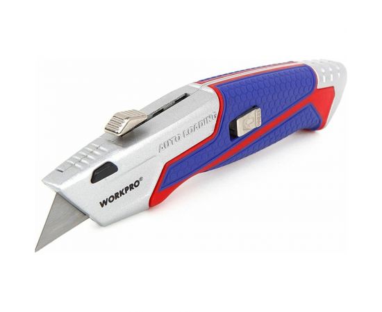 Строительный нож WORKPRO выдвижной, с автоматической подачей, 5 лезвий, трапециевидные лезвия WP213012 
