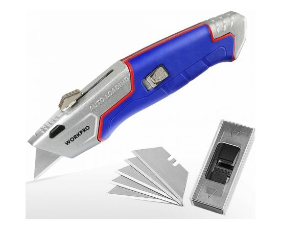Строительный нож WORKPRO выдвижной, с автоматической подачей, 5 лезвий, трапециевидные лезвия WP213012 – изображение 5