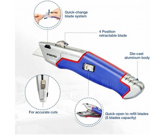 Строительный нож WORKPRO выдвижной, с автоматической подачей, 5 лезвий, трапециевидные лезвия WP213012 – изображение 6
