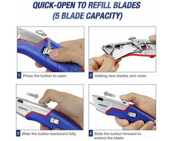 Строительный нож WORKPRO выдвижной, с автоматической подачей, 5 лезвий, трапециевидные лезвия WP213012 – изображение 9