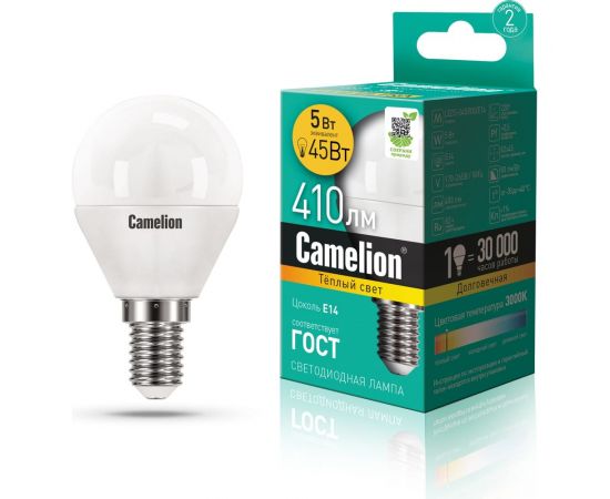 Светодиодная лампа 5Вт 220В Camelion LED5-G45/830/E14 12027 