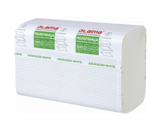 Бумажные полотенца ЛАЙМА H2 ADVANCED WHITE 200 шт, 2 слоя, белые, 240х215 мм, 20 пачек, Z-сложение 111338 
