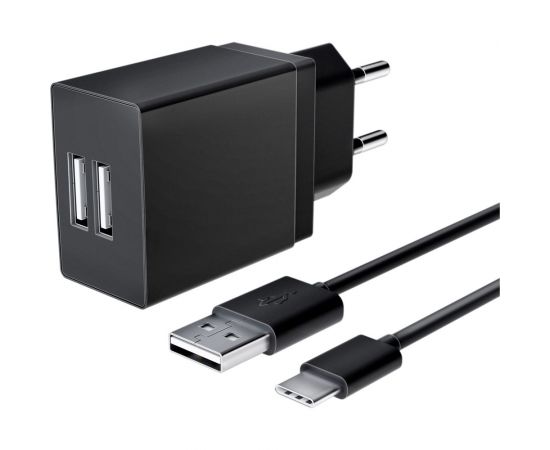 Универсальное сетевое зарядное устройство AKAI CH-6A09 2 USB 2.1A + дата-кабель Type C, черный CH-6A09B 