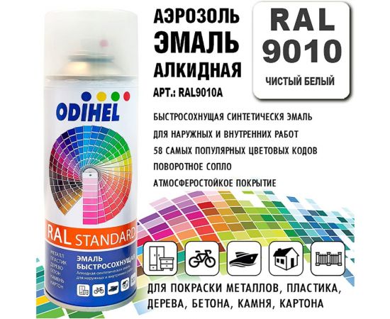 Алкидная аэрозольная эмаль ODIHEL RAL9010 чистый белый, 520 мл RAL9010A – изображение 2