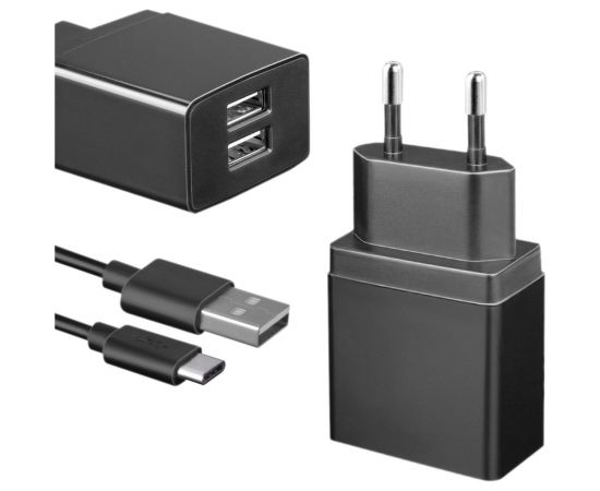 Универсальное сетевое зарядное устройство AKAI CH-6A09 2 USB 2.1A + дата-кабель Type C, черный CH-6A09B – изображение 2