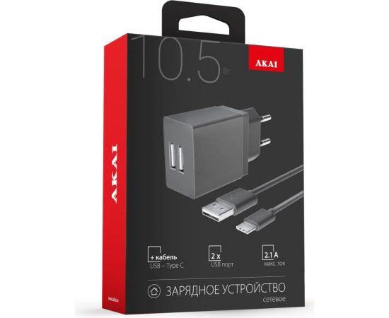 Универсальное сетевое зарядное устройство AKAI CH-6A09 2 USB 2.1A + дата-кабель Type C, черный CH-6A09B – изображение 3