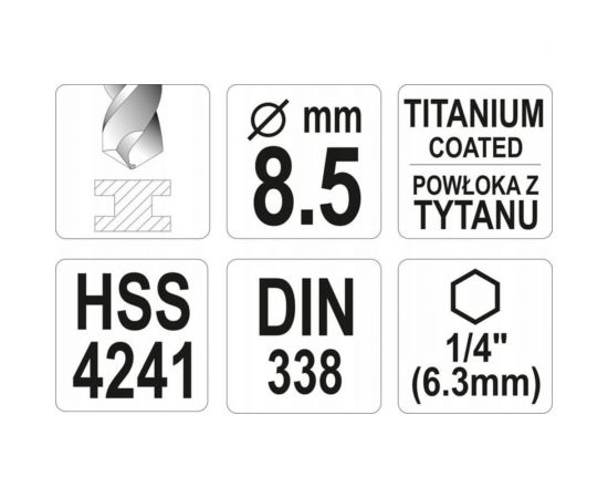 Сверло по металлу HSS-TiN 8.5 мм с хвостовиком HEX1/4 YATO YT-44769 – изображение 4