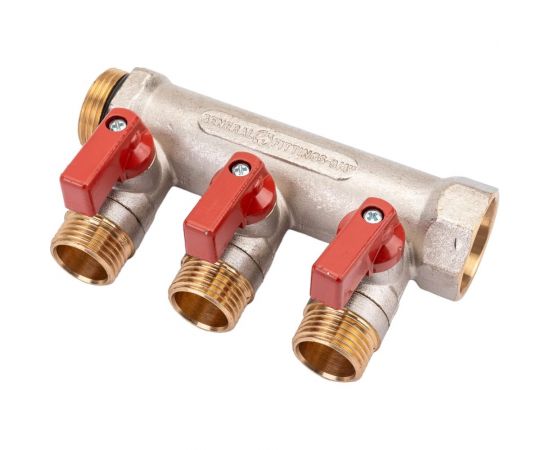 Коллектор с шаровыми кранами STOUT Smb 6210 341203 3/4"", 3 отвода 1/2"", красные ручки RG0091AACQM2BK 
