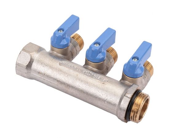 Коллектор с шаровыми кранами STOUT Smb 6211 341203 3/4"", 3 отвода 1/2"", синие ручки RG0091AACQML3R 