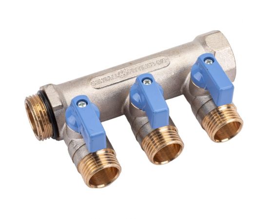 Коллектор с шаровыми кранами STOUT Smb 6211 341203 3/4"", 3 отвода 1/2"", синие ручки RG0091AACQML3R – изображение 2