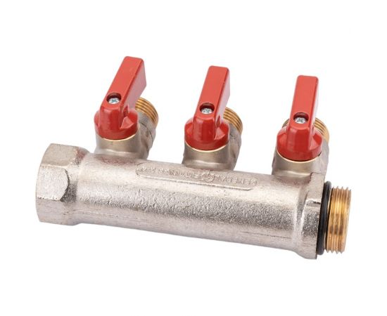 Коллектор с шаровыми кранами STOUT Smb 6210 341203 3/4"", 3 отвода 1/2"", красные ручки RG0091AACQM2BK – изображение 2