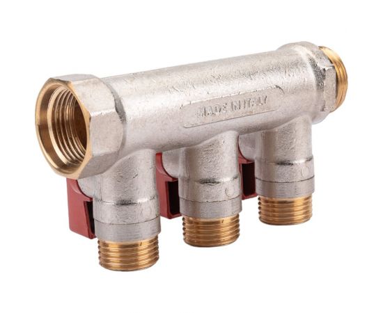 Коллектор с шаровыми кранами STOUT Smb 6210 341203 3/4"", 3 отвода 1/2"", красные ручки RG0091AACQM2BK – изображение 3