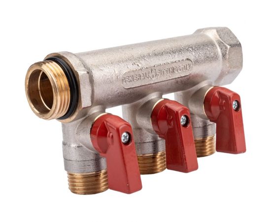 Коллектор с шаровыми кранами STOUT Smb 6210 341203 3/4"", 3 отвода 1/2"", красные ручки RG0091AACQM2BK – изображение 4