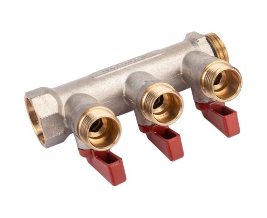 Коллектор с шаровыми кранами STOUT Smb 6210 341203 3/4"", 3 отвода 1/2"", красные ручки RG0091AACQM2BK – изображение 5