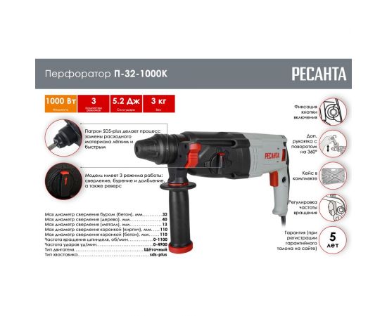 Перфоратор Ресанта П-32-1000К 75/3/3 – изображение 2