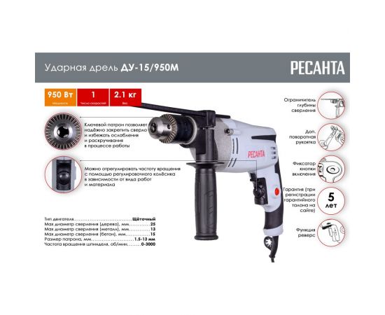 Ударная дрель Ресанта ДУ-15/950М 75/8/4 – изображение 2