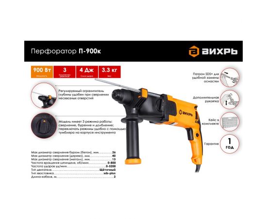 Перфоратор ВИХРЬ П-900К 72/3/2 – изображение 2