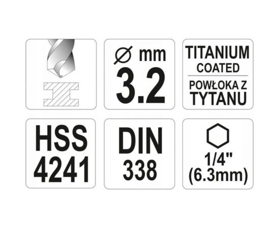 Сверло по металлу HSS-TiN 3.2 мм с хвостовиком HEX1/4 YATO YT-44755 – изображение 4