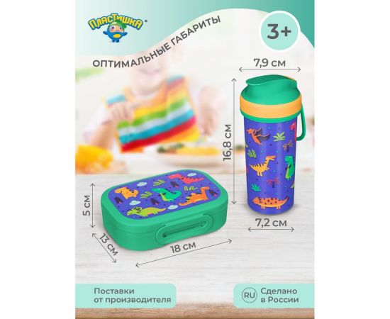 Набор ланч-бокс 0.98 л и бутылка для воды с петлей 0.4 л Пластишка зеленый, с декором 43132370951 – изображение 7