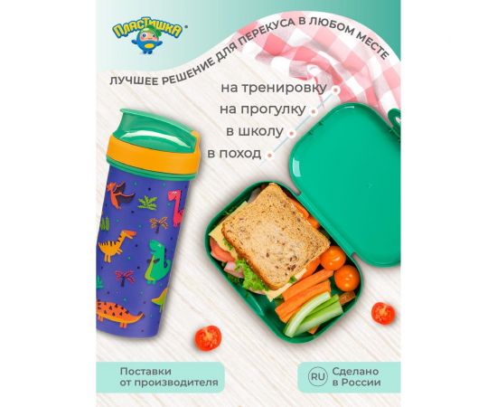 Набор ланч-бокс 0.98 л и бутылка для воды с петлей 0.4 л Пластишка зеленый, с декором 43132370951 – изображение 10