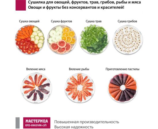 Сушилка для овощей и фруктов Мастерица efd-0903vm, 9 прозрачных поддонов + 2 поддона д/пастилы и лопатка 00-00041376 – изображение 6