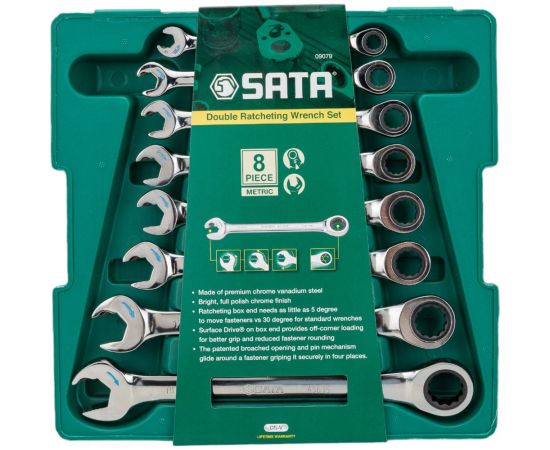 Набор комбинированных ключей с трещоткой Sata Metric пластиковый короб, 8 предметов 09079 