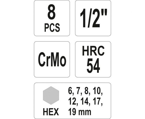 Набор ударных головок-бит HEX 8 шт, 1/2"" YATO YT-1066 – изображение 3