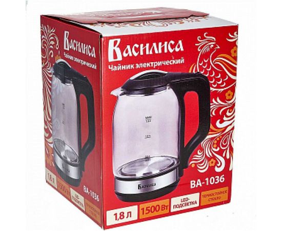 Электрический чайник ВАСИЛИСА ВА-1036 корпус из жаропрочного стекла, черный 1500 Вт, 1.8 л Р1-00008217 – изображение 4