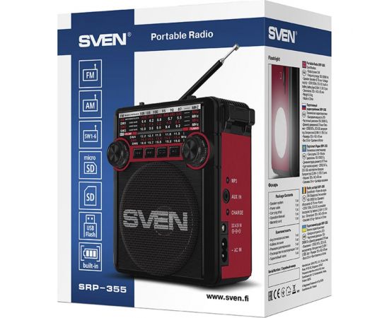 Радиоприёмник SVEN АС SRP-355 красный, 3 Вт, FM/AM/SW, USB, SD/microSD, фонарь, встроенный аккумулятор SV-017132 – изображение 6